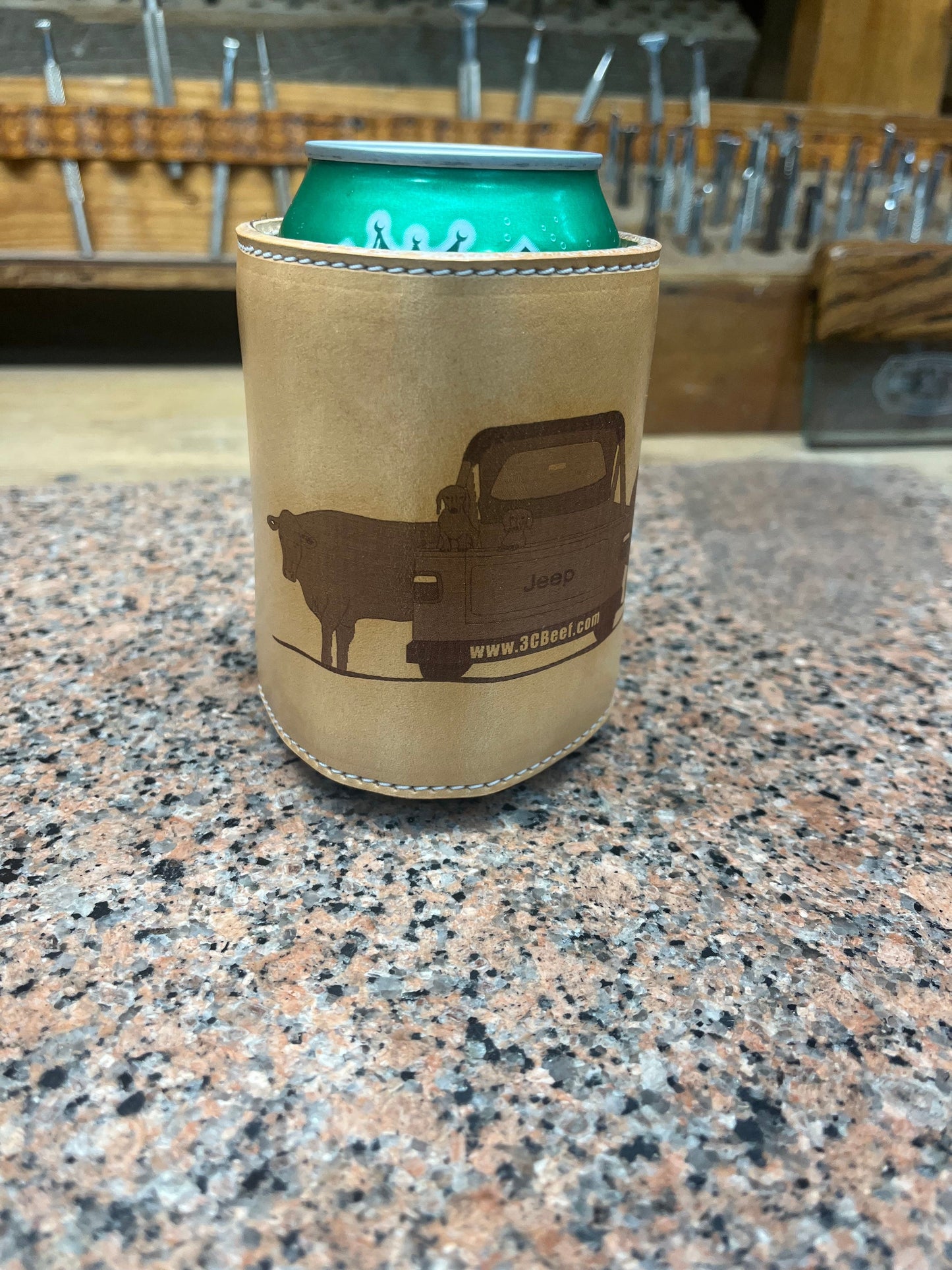 
                  
                    Chapman 3C Cattle Company RTS Leather Ranch Dogs w/Jeep and Steers Handmade Leather Koozie
                  
                